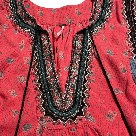 Free People Boho Peasant Top Medium Boxy Fit Embroidered Tassel Blouse - Picture 5 of 10